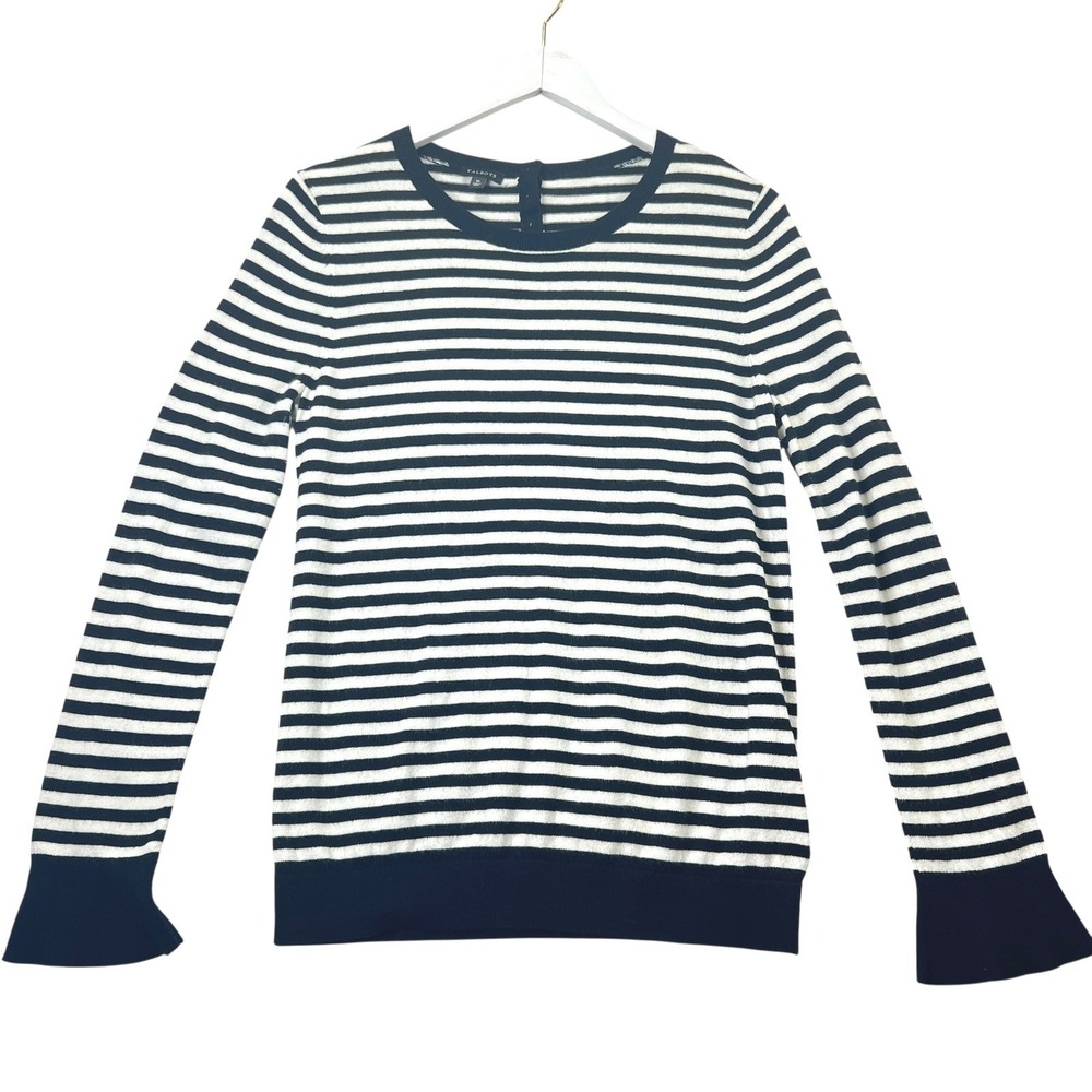 Talbots Sweater Pullover Striped Black White Button Back Knit Top Womens Size M